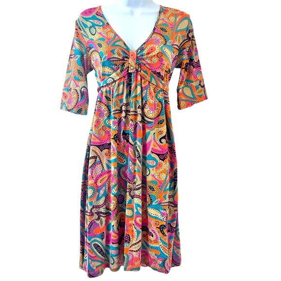 LILLY PULITZER VTG Y2K Silk Vibrant Paisley Dress 4 Tie Back Empire Waist Retro - Picture 1 of 10
